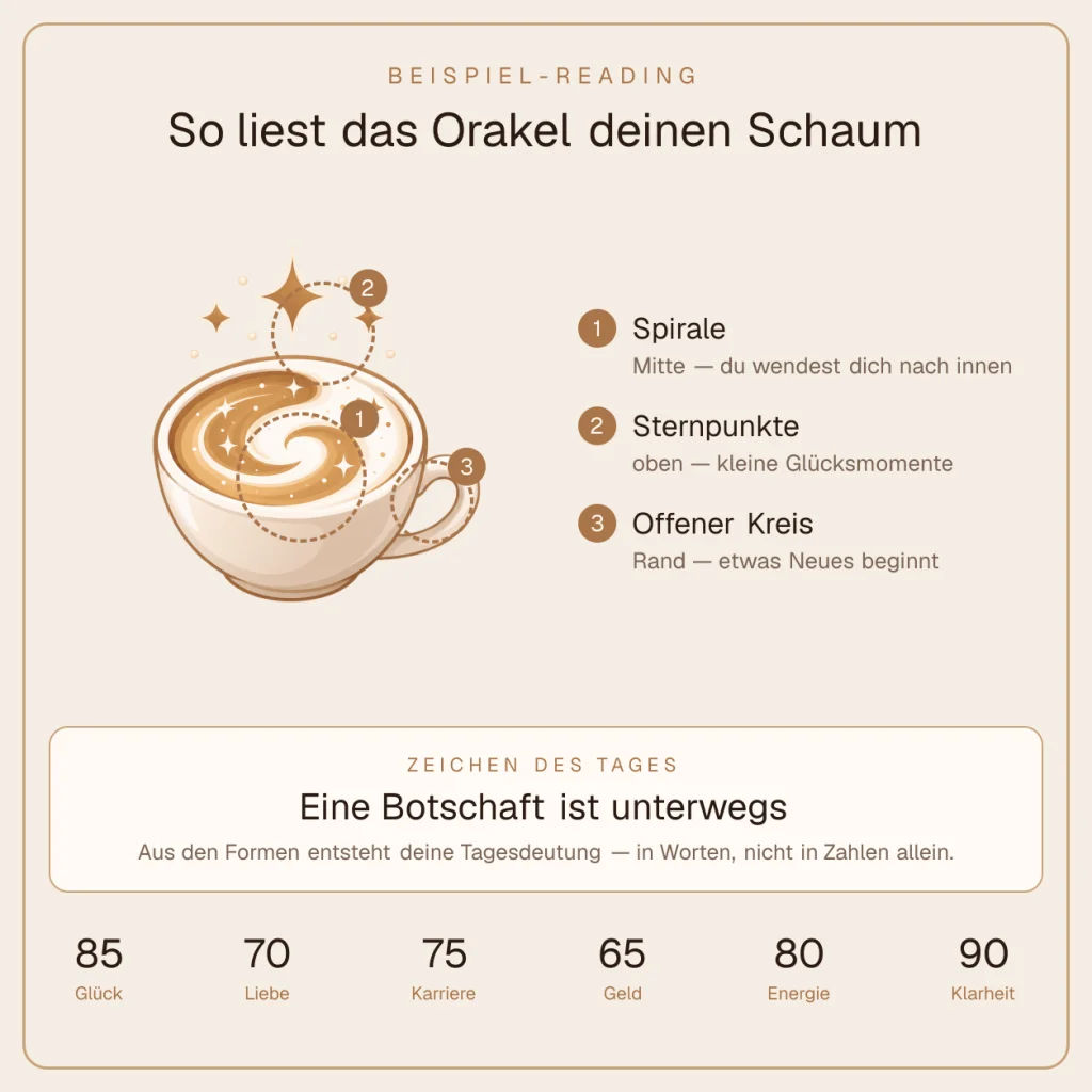 Beispiel einer Schaumorakel-Auswertung: erkannte Symbole im Milchschaum mit ihren Bedeutungen und der Tagesdeutung
